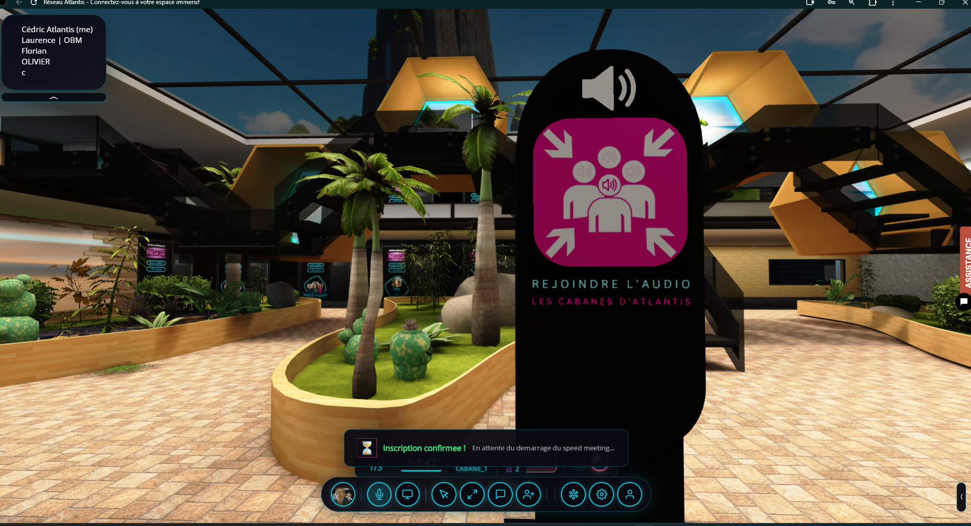 Interface speed-meeting ATLANTIS avec hexagones et audio spatial