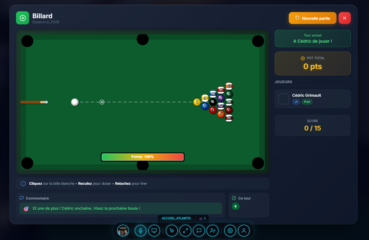 Jeu de billard 3D ATLANTIS avec interface score et classements