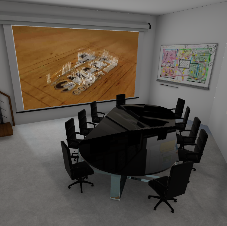 Salle de réunion virtuelle avec table ovale et projection